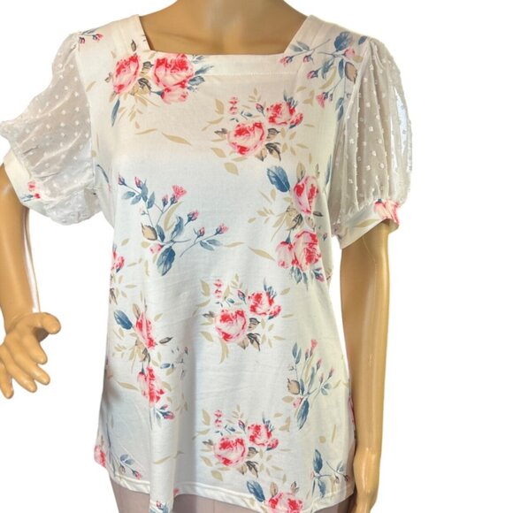 (5 for $25) Elegant Chiffon Sleeve Floral Print Blouse in White Size Medium - Picture 2 of 6
